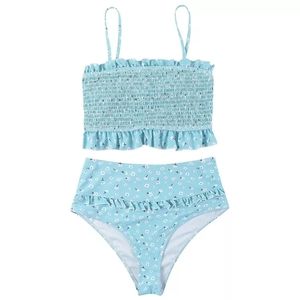 Light Blue Ruffle High-Waisted Swimsuit NWOT